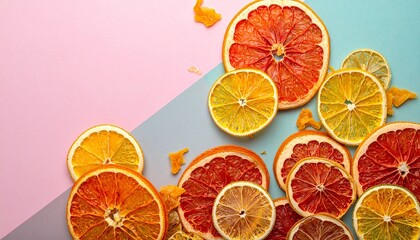 Obraz premium Vibrant citrus slices on pastel background colorful fruit arrangement dried fruit composition healthy snack concept.
