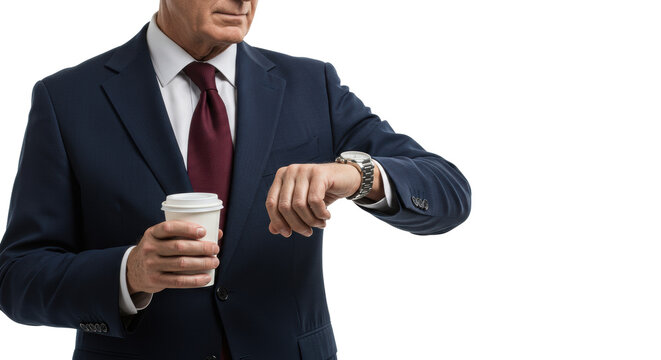 distinguished senior caucasian businessman in a tailored navy suit checking his watch, holding a coffee cup against a transparent background, concept of corporate punctuality
