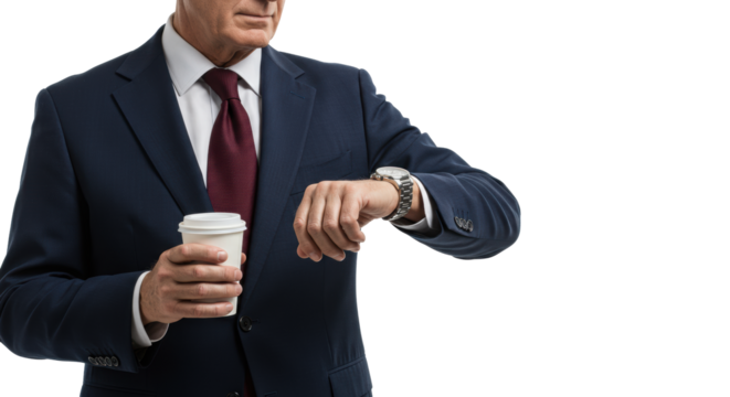 distinguished senior caucasian businessman in a tailored navy suit checking his watch, holding a coffee cup against a transparent background, concept of corporate punctuality - Powered by Adobe