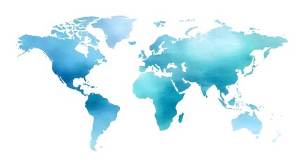 A beautiful and creative watercolor depiction of the Earth s continents rendered with soft blue and turquoise brushstrokes on a clean white background