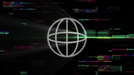 A rotating digital globe animation with horizontal glitch lines and neon effects, symbolizing technology and global connection. - Powered by Adobe