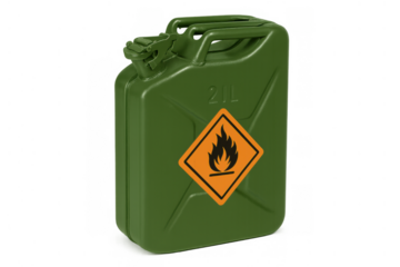 Green metal jerrycan with flammable liquid hazard symbol storing fuel, petrol, or gasoline on transparent background