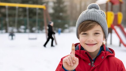 Smiling boy shows a bandaged finger after a minor injury. Child in a red jacket at a snowy playground in winter. First aid and childhood accident concept with copy space