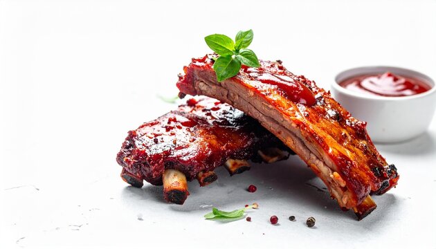 Delicious and Juicy Barbecue Ribs with Fresh Herbs on White Background for Food Photography and Culinary Themes.