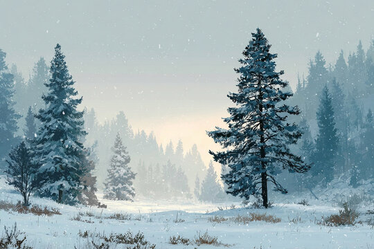 cold landscape with fir trees and snow, blue and icy colors dominate, generative ai - Powered by Adobe