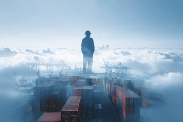 Silhouetted Worker Standing Above Shipping Containers in a Cloudy Industrial Port