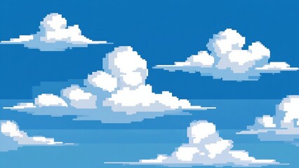 Pixel art sky with fluffy white clouds creating a nostalgic and whimsical background for games or digital artwork