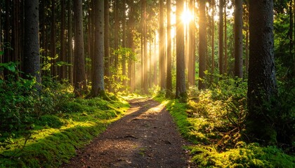 Obraz premium Serene Forest Path Bathed in Sunlight Ideal for Nature Walks and Environmental Awareness Campaigns.