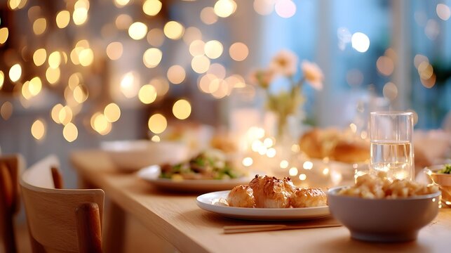 A warm and inviting dining table is elegantly set with delicious food illuminated by ambient fairy lights perfect for festive gatherings and intimate celeb ns