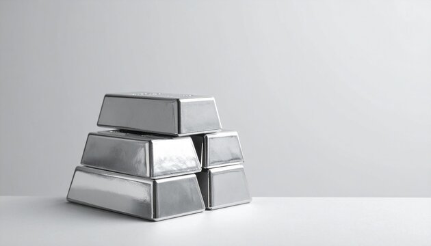 Stack of shiny silver bars on white surface ideal for finance wealth or luxury concept visual.