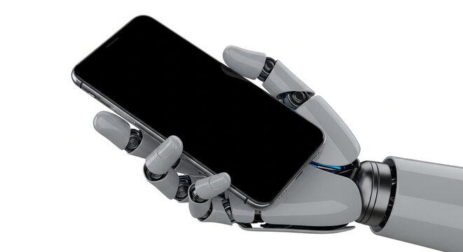 Humanoid robot hand holding a smartphone with a blank screen and modern frameless design in a rotating perspective position - isolated white background