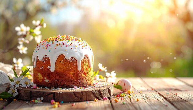 Easter Celebration with Traditional Cake and Spring Blossoms in Warm Sunlight.