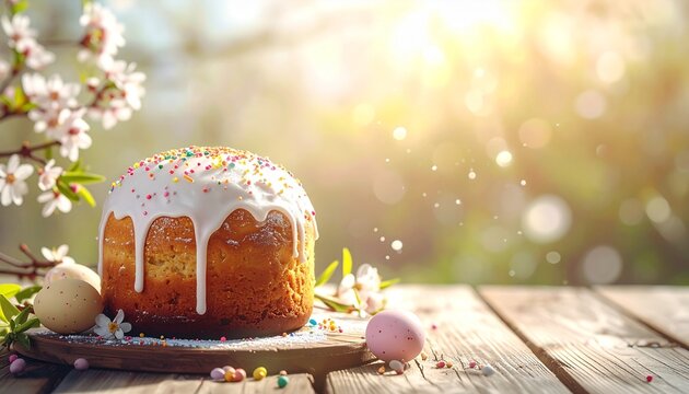 Traditional holiday bread with spring blossom and eggs for celebration in sunny outdoor setting. - Powered by Adobe