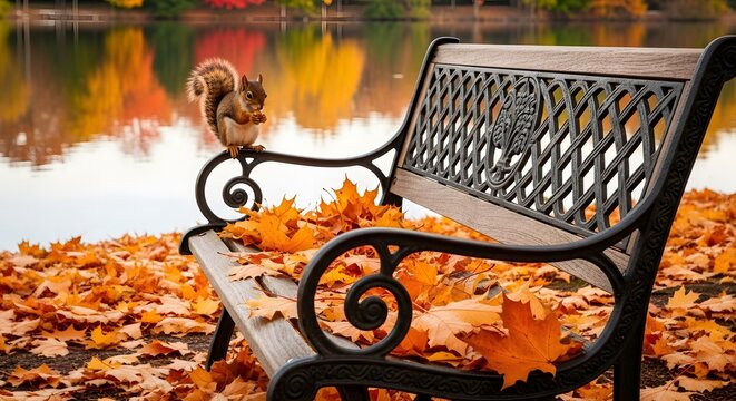 Cute red squirrel eating a nut on an autumn park bench by a tranquil lake with colorful fall reflections.