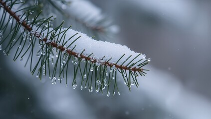 Evergreen Branch in Winter, Covered in Snow and Sparkling Water Droplets.