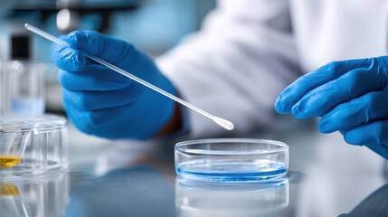 Fototapeta premium Laboratory Hands in Blue Gloves Conducting a Scientific Experiment with a Petri Dish and Dropper in a Professional Research Setting