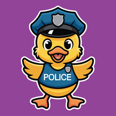 Obraz premium Cute cartoon duck wearing a police uniform and hat for sticker format.