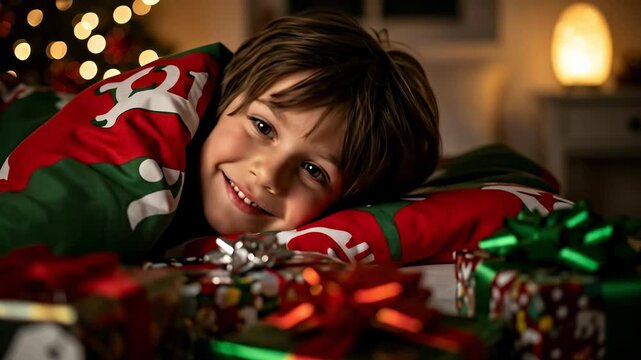 A thoughtful young boy, around 8 years old, wrapped in a festive blanket, gazing longingly at Christmas presents in a cozy, softly lit room with holiday decorations.