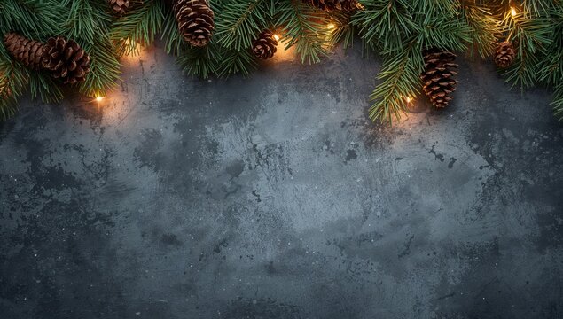 Evergreen Branches Adorned with Pine Cones and Gentle Lights on a Textured Surface.