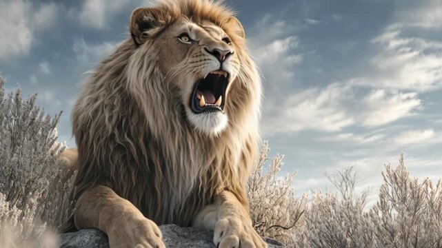 Majestic formidable lion with a grand mane resting on a rock, observing its surroundings under a cloudy sky in a dry, frosty landscape.