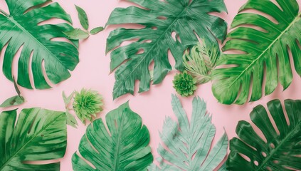 Exotic Foliage Arrangement on Pale Pink A Study in Tropical Green Tones and Textures.