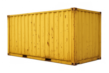 Yellow corrugated metal shipping container showing rust details, ideal for concepts of global import, export, and international trade. Transparent background