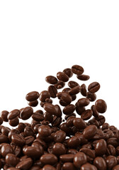 Obraz premium hundreds of glossy dark chocolate-coated arabica coffee beans scattering dramatically, frozen mid-action against a brilliant white studio background, concept for gourmet food luxury