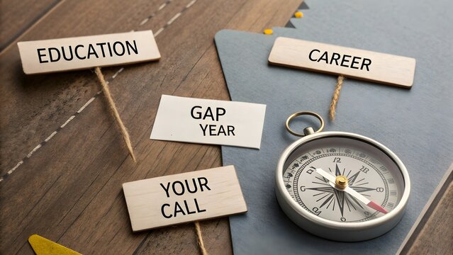 A compass and paper signs showing your career gap year
