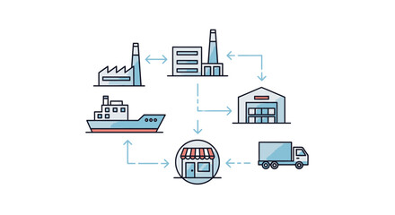 Streamline your business operations with this modern supply chain visualization, perfect for presentations, websites, and marketing materials to illustrate global logistics