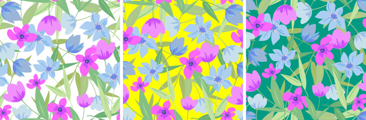 seamless colorful modern spring floral pattern set vector design vibrant blue pink green yellow background stylish contemporary artistic nature wallpaper