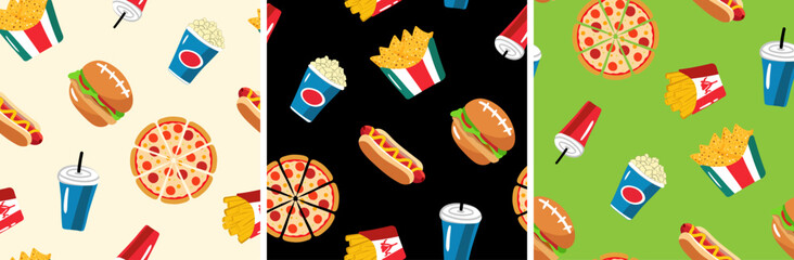 vibrant sport event fastfood seamless background set junk food graphic texture for american football game hot dog burger pizza french fries nachos popcorn soda