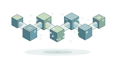 Modern blockchain network illustration connecting digital cubes, ideal for technology, data, innovation visuals, showcasing secure connections and distributed systems
