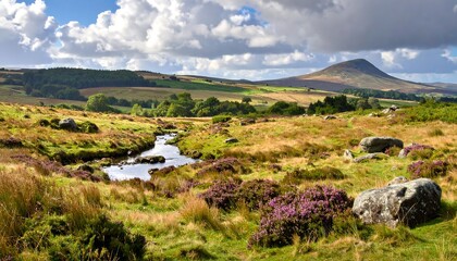 Scenic Landscape of Rolling Hills, Stream, and Mountain Under Cloudy Sky
