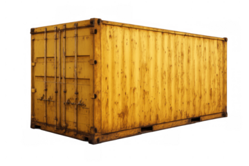 Yellow cargo shipping container on transparent background, representing global logistics and freight transport
