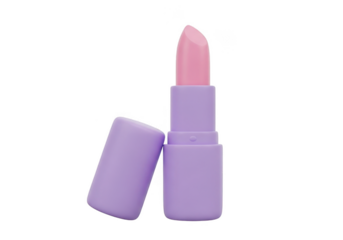 A pastel pink lipstick in a light purple tube with the cap removed, isolated on transparent background