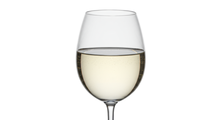 macro of a pristine crystal wine glass filled with chilled, effervescent white wine, showing condensation, high-key studio lighting against a transparent background, concept for premium beverage