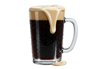 transparent handled glass mug of cold, heavily condensed espresso-black stout beer, topped with thick tan cascading foam, against a high-key white background with copy space. Concept for beverage
