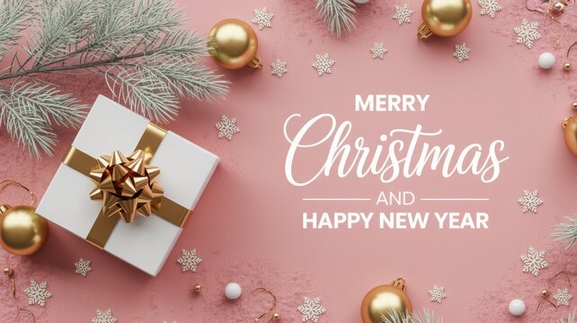 Merry christmas and happy new year greeting with gift box and golden ornaments on pink background