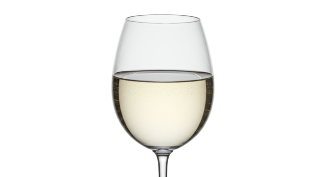macro of a pristine crystal wine glass filled with chilled, effervescent white wine, showing condensation, high-key studio lighting against a transparent background, concept for premium beverage
