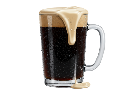 transparent handled glass mug of cold, heavily condensed espresso-black stout beer, topped with thick tan cascading foam, against a high-key white background with copy space. Concept for beverage