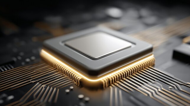 A computer chip is shown in a close up with a yellow glow
