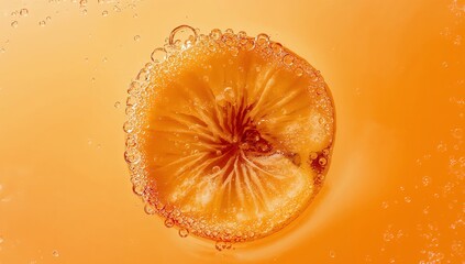 Floating Citrus Slice. An Orange Orb Surrounded by Bubbles in Golden Liquid.