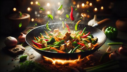 Stir fry vegetables and chicken in a flaming wok, fresh ingredients flying with steam, highlighting the dynamic cooking process and healthy Asian cuisine.