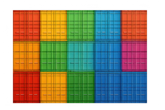 Colorful stacked shipping containers representing global cargo logistics and international trade on transparent background