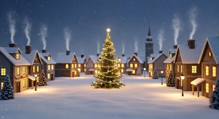 Christmas tree in snowy village at night