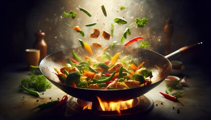 Stir fry vegetables and chicken in a flaming wok, fresh ingredients flying with steam, highlighting the dynamic cooking process and healthy Asian cuisine.