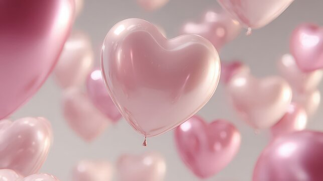 A collection of heart-shaped balloons in various shades of pink floating against a soft gray background. The scene conveys a festive and romantic atmosphere.
