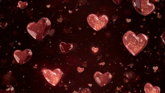 Floating Hearts in a Crimson Sky, Abstract Forms in a Dreamy, Glittering Light.