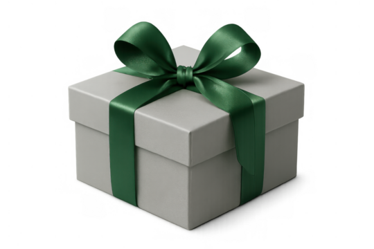 White gift box with emerald green ribbon and bow, representing celebration, surprise, and special occasion concepts