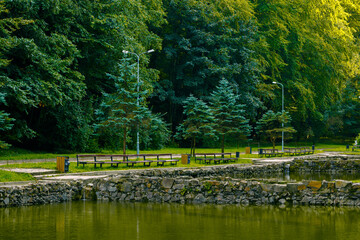 Obraz premium evergreen summer landscape of park trees and lake with old cold stone walls around waters formed pool design
